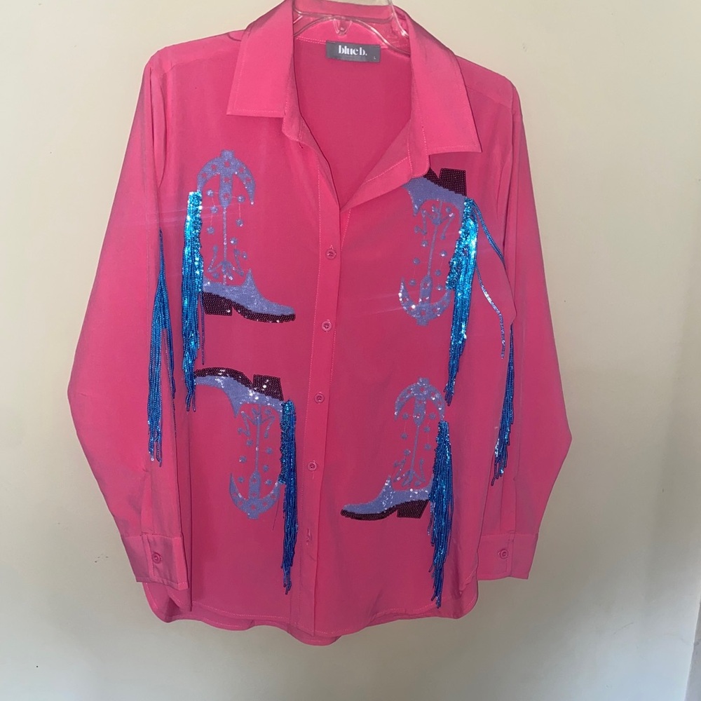 Hot Pink Sequin Western Blouse Sequined Cowboy Boots and Fringe Size L